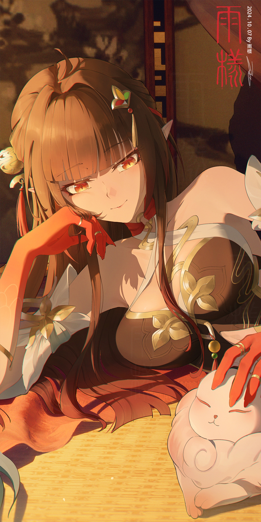 rain sama, fuyuan (honkai: star rail), lingsha (honkai: star rail), honkai: star rail, honkai (series), highres, 1girl, animal, architecture, artist logo, bare shoulders, breasts, brown hair, cleavage, closed mouth, colored extremities, criss-cross halter, dated, detached sleeves, diamond-shaped pupils, diamond (shape), east asian architecture, hair intakes, hair ornament, hair spread out, halterneck, large breasts, logo, long hair, lying, missing commentary, on side, orange eyes, red hands, short sleeves, sidelocks, smile, solo, symbol-shaped pupils, upper body, very long hair, white sleeves