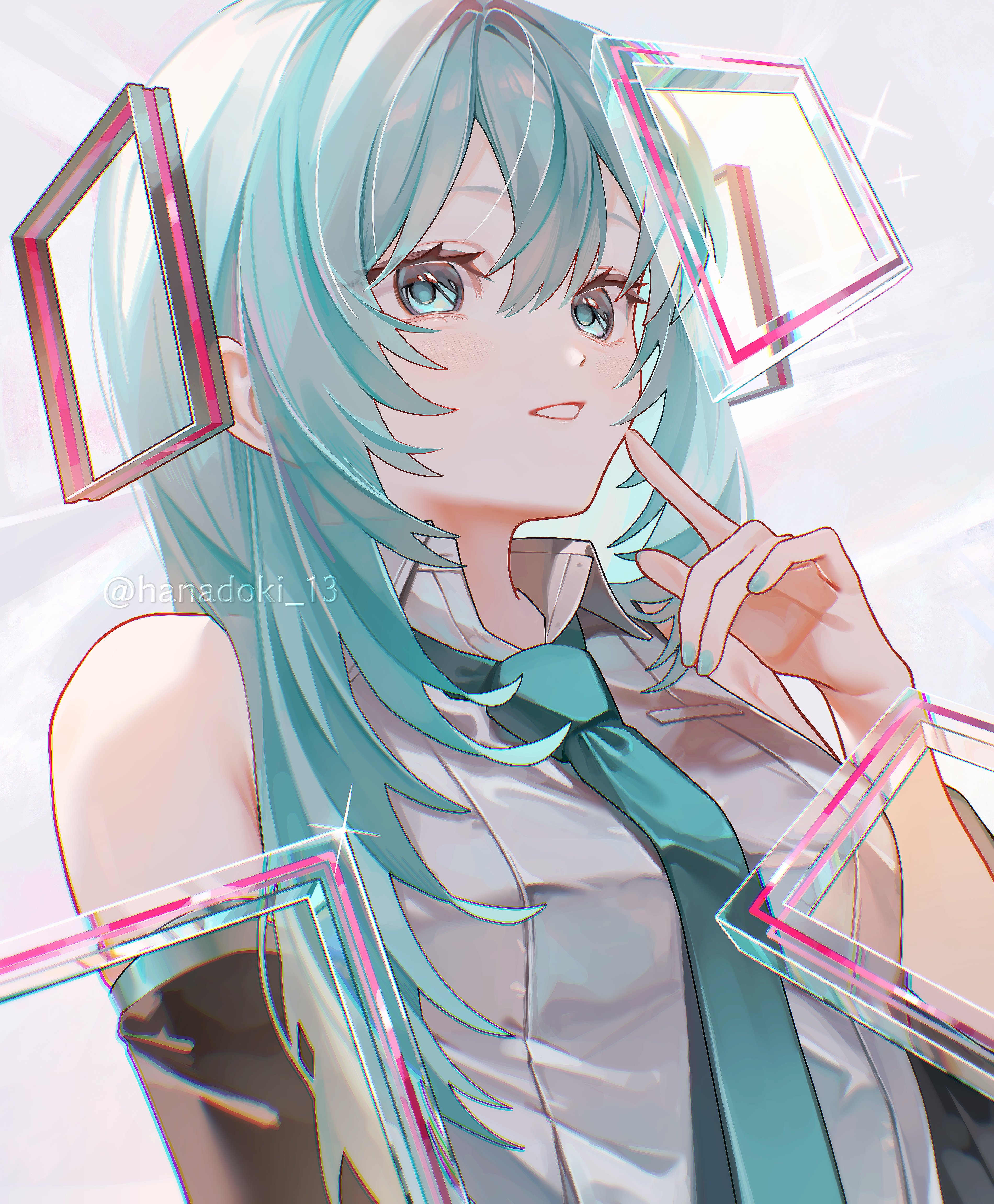 hatsune miku, vocaloid, absurdres, highres, 1girl, alternate hairstyle, aqua eyes, aqua hair, aqua nails, aqua necktie, breasts, collared shirt, detached sleeves, grey shirt, hair between eyes, hanadoki 13, long hair, medium breasts, necktie, open mouth, shirt, sleeveless, sleeveless shirt, solo, twitter username, very long hair