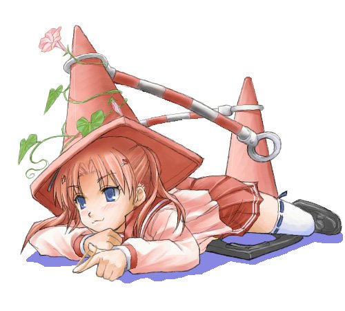 blue (ao maru), maaryan (to heart), to heart (series), to heart 2, lowres, 00s, 1girl, blush, female focus, flower, ivy, long hair, morning glory, ribbon-trimmed legwear, ribbon trim, school uniform, serafuku, simple background, solo, thighhighs, traffic cone, what, white background, zettai ryouiki
