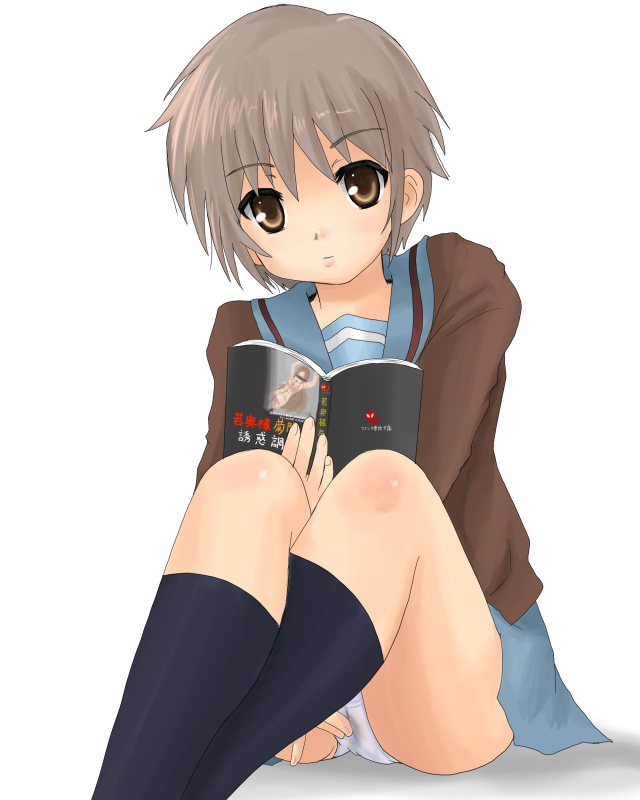 nagato yuki, suzumiya haruhi no yuuutsu, 00s, female masturbation, masturbation, panties, pussy juice, school uniform, serafuku, solo, underwear, wet, wet clothes, wet panties