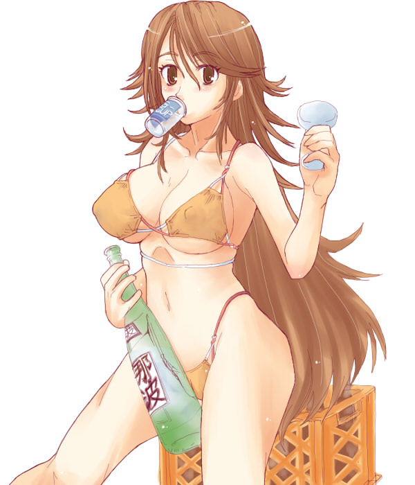 blue (ao maru), sumeragi lee noriega, gundam, gundam 00, 00s, 1girl, alcohol, bikini, breasts, covered erect nipples, female focus, large breasts, navel, orange bikini, sake, solo, swimsuit