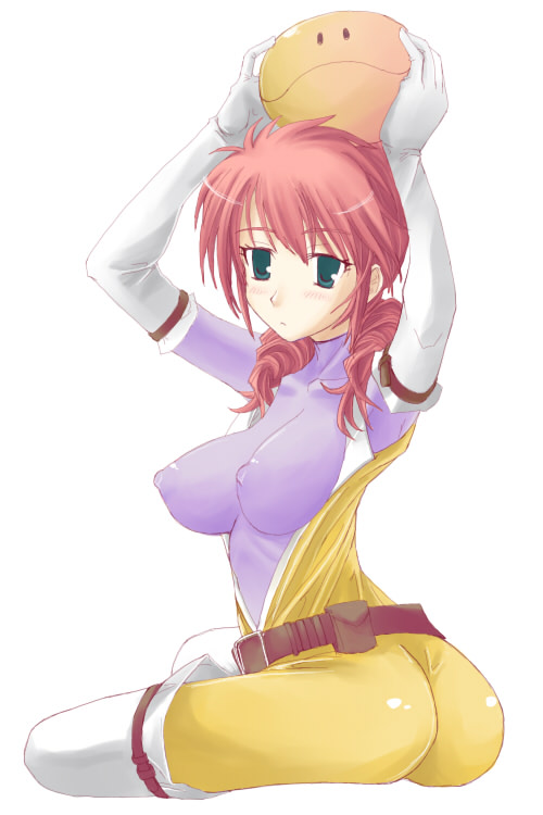blue (ao maru), feldt grace, haro, gundam, gundam 00, 00s, 1girl, arms up, ass, belt, blush, bodysuit, boots, breasts, covered erect nipples, drill hair, elbow gloves, expressionless, female focus, gloves, green eyes, large breasts, long hair, looking at viewer, looking back, no pupils, pink hair, simple background, sitting, solo, thigh boots, thighhighs, twintails, white background, white gloves