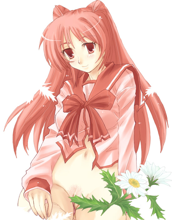 blue (ao maru), kousaka tamaki, to heart (series), to heart 2, 00s, 1girl, blouse, bottomless, female focus, female pubic hair, no panties, pink shirt, pubic hair, pussy, school uniform, serafuku, shirt, simple background, solo, uncensored, white background