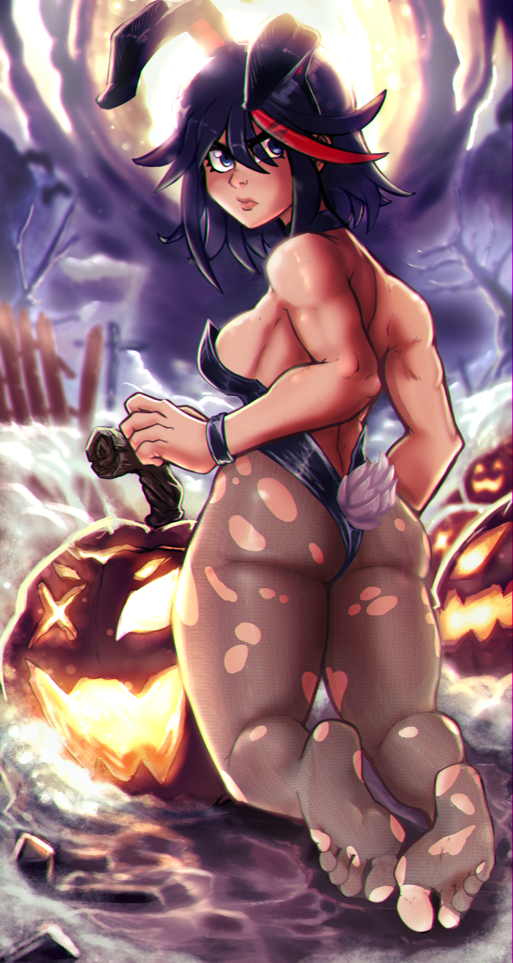 reliusmax, matoi ryuuko, kill la kill, 1girl, angry, animal ears, ass, back, bare shoulders, black hair, black leotard, black pantyhose, blue eyes, breasts, closed mouth, fake animal ears, fake tail, feet, from behind, full body, full moon, halloween, jack-o'-lantern, kneeling, leotard, looking back, medium breasts, moon, multicolored hair, night, night sky, outdoors, pantyhose, playboy bunny, rabbit ears, red hair, short hair, sky, soles, solo, tail, toes, torn clothes, torn pantyhose, two-tone hair, wristband