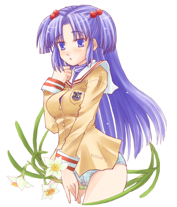 blue (ao maru), ichinose kotomi, clannad, 00s, 1girl, blue eyes, blue hair, cowboy shot, daffodil, female focus, flower, hair bobbles, hair ornament, long hair, matching hair/eyes, no pants, panties, simple background, solo, striped clothes, striped panties, two side up, underwear, white background
