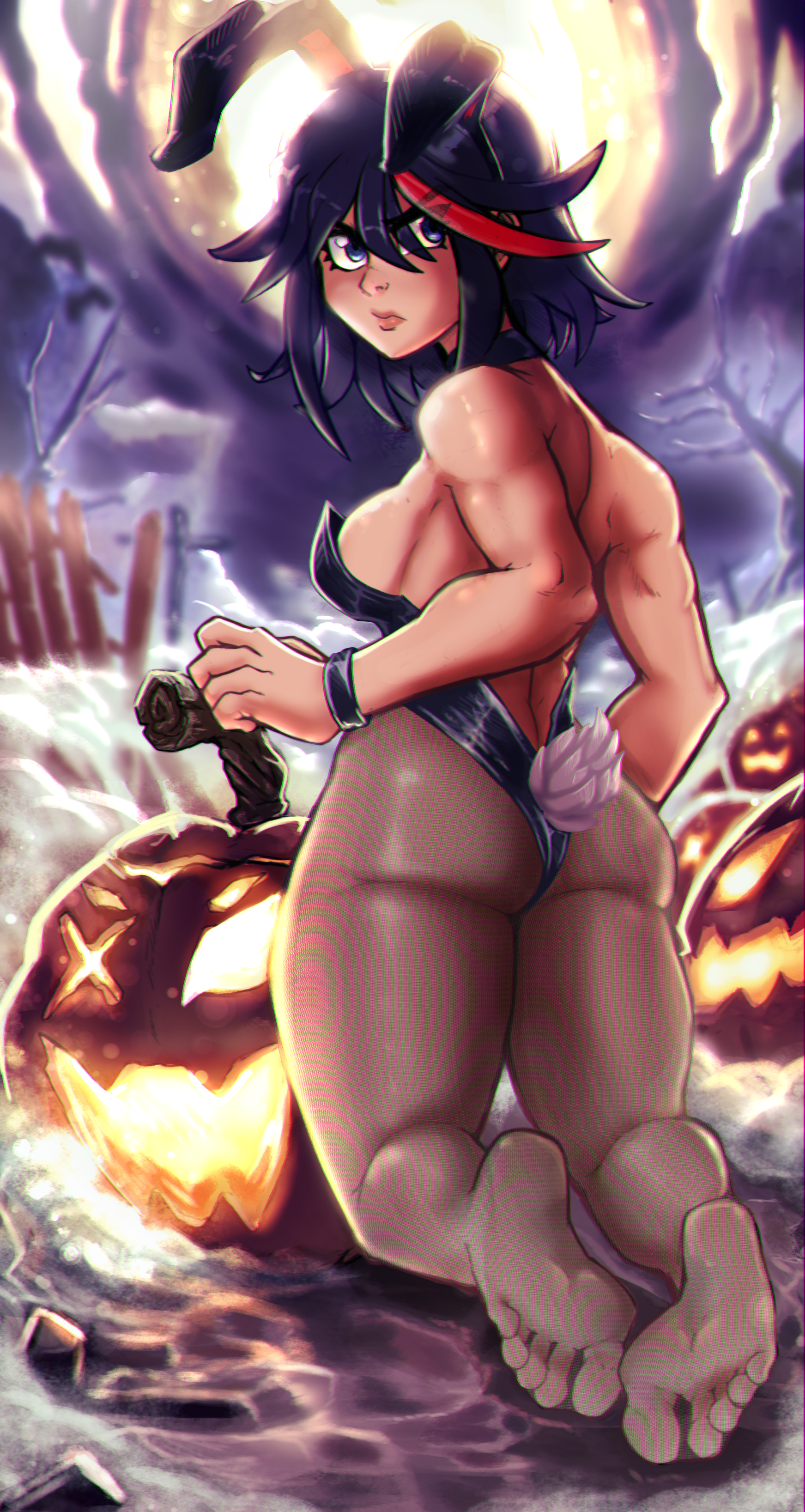reliusmax, matoi ryuuko, kill la kill, 1girl, angry, animal ears, ass, back, bare shoulders, black hair, black leotard, black pantyhose, blue eyes, breasts, closed mouth, fake animal ears, fake tail, feet, from behind, full body, full moon, halloween, jack-o'-lantern, kneeling, leotard, looking back, medium breasts, moon, multicolored hair, night, night sky, outdoors, pantyhose, playboy bunny, rabbit ears, red hair, short hair, sky, soles, solo, tail, toes, two-tone hair, wristband