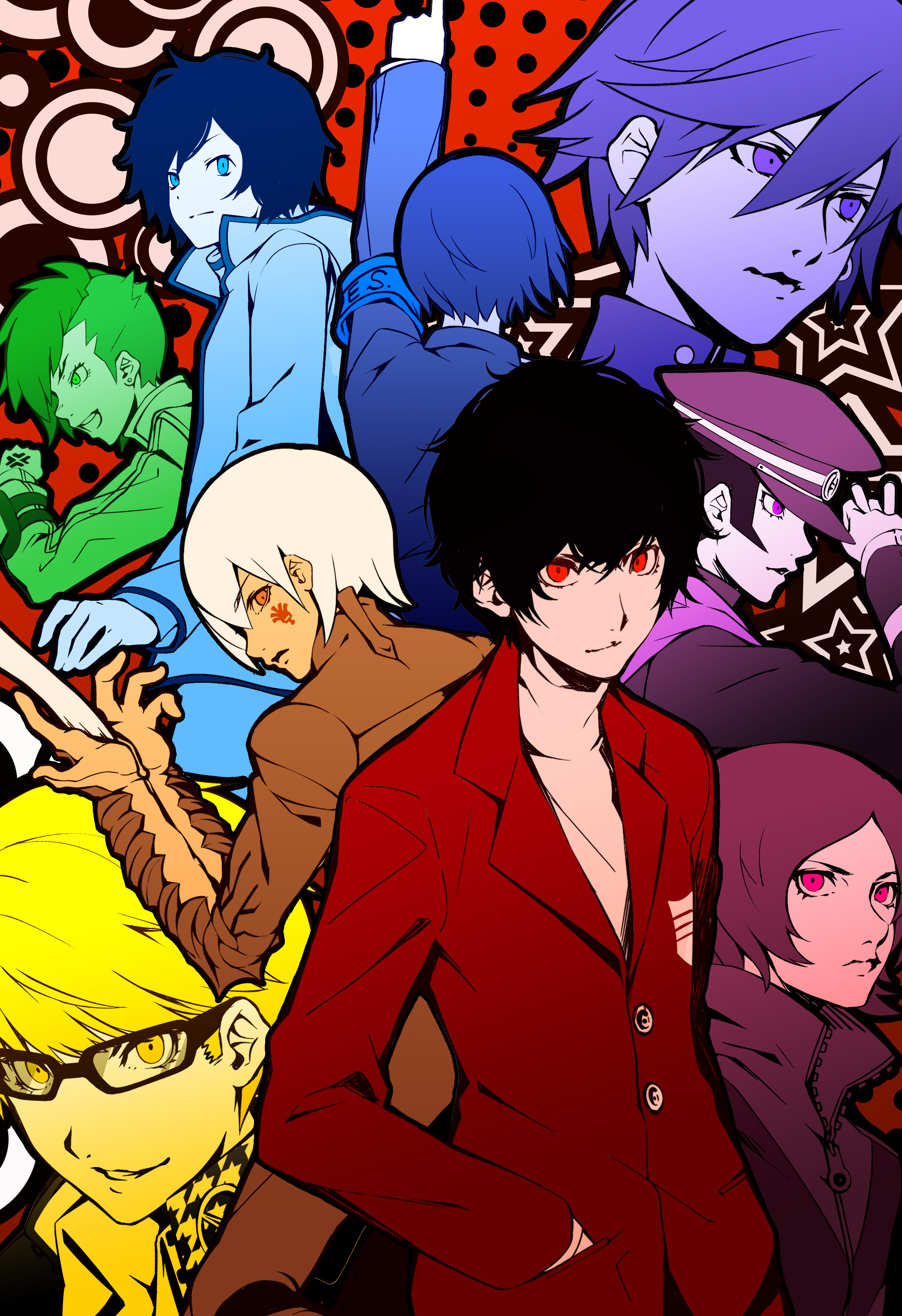 yuuten, amamiya ren, kuzunoha raidou, nanashi (megami tensei), narukami yu, protagonist (devil survivor 2), sera (dds), suou tatsuya, toudou naoya, yuuki makoto (persona 3), devil summoner: raidou kuzunoha vs the soulless army, devil summoner (series), devil survivor (series), devil survivor 2, digital devil saga, persona, persona 1, persona 2, persona 3, persona 4, persona 5, shin megami tensei, shin megami tensei iv final, absurdres, highres, 1girl, 6+boys, arm blade, arm up, company connection, expressionless, facial mark, glasses, grin, hand in pocket, hat, long sleeves, looking at viewer, multiple boys, multiple monochrome, peaked cap, short hair, smile, undercut, weapon