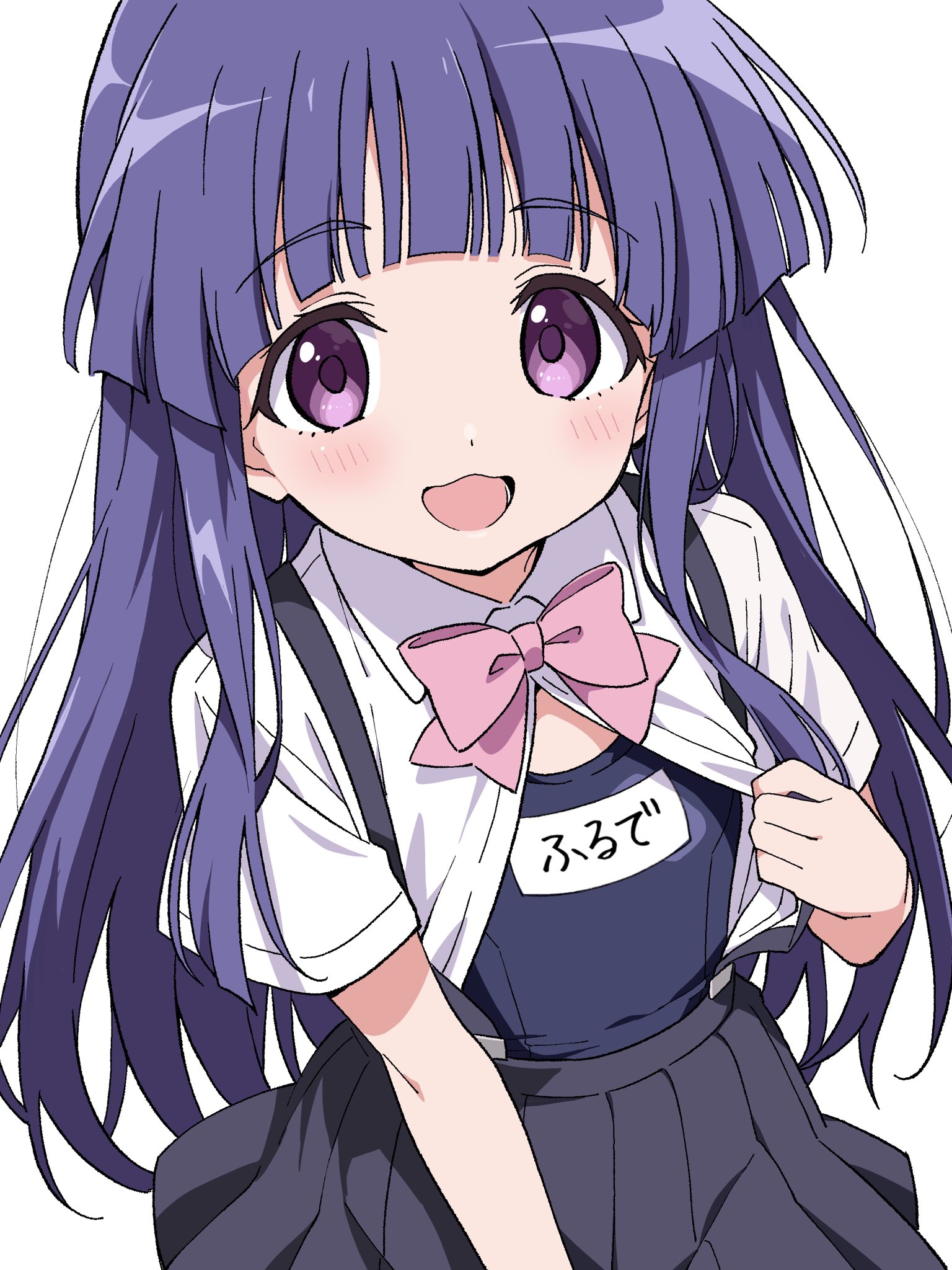 niyane, furude rika, higurashi no naku koro ni, highres, 1girl, :d, black skirt, blue one-piece swimsuit, blunt bangs, blush, bow, bowtie, character name, collared shirt, cowboy shot, long hair, looking at viewer, one-piece swimsuit, open clothes, open mouth, open shirt, pink bow, pink bowtie, pleated skirt, purple eyes, purple hair, school swimsuit, shirt, simple background, skirt, smile, solo, suspender skirt, suspenders, swimsuit, swimsuit under clothes, white background, white shirt