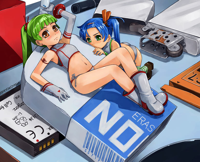 yokoyama yasushi, original, blue hair, eraser, flat chest, green eyes, green hair, long hair, mini person, minigirl, orange eyes, ponytail