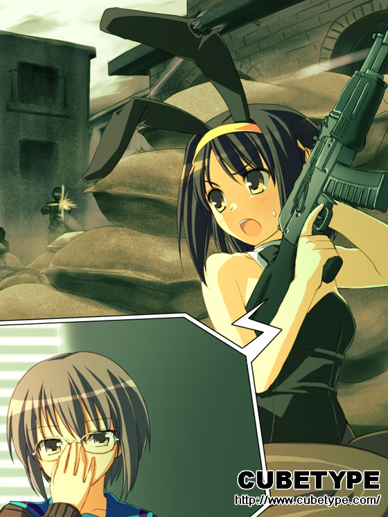 yuuki keisuke, nagato yuki, suzumiya haruhi, metal gear (series), metal gear solid 4: guns of the patriots, suzumiya haruhi no yuuutsu, black legwear, 00s, 2girls, adjusting eyewear, ak-74, animal ears, assault rifle, fake animal ears, gun, kalashnikov rifle, leotard, multiple girls, pantyhose, playboy bunny, rabbit ears, rifle, weapon
