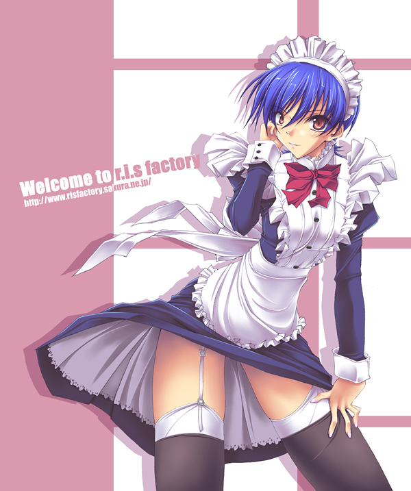 ruschuto, original, 1girl, black thighhighs, blue hair, brown eyes, female focus, maid, solo, thighhighs, zettai ryouiki