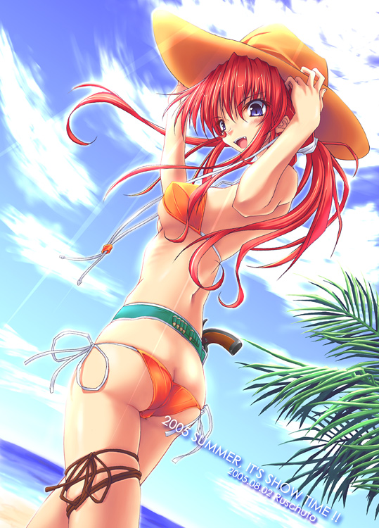 ruschuto, 1girl, ass, beach, bikini, blue eyes, butt crack, day, female focus, gun, hat, orange bikini, outdoors, red hair, side-tie bikini bottom, solo, swimsuit, weapon