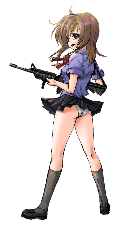 tachibana koo, original, 1girl, ass, female focus, gun, panties, rifle, school uniform, serafuku, solo, underwear, weapon