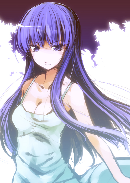 ohta yuichi, furude rika, higurashi no naku koro ni, 00s, 1girl, aged up, blue eyes, blue hair, blush, breasts, cleavage, dress, female focus, long hair, matching hair/eyes, smile, solo, tsurime, very long hair