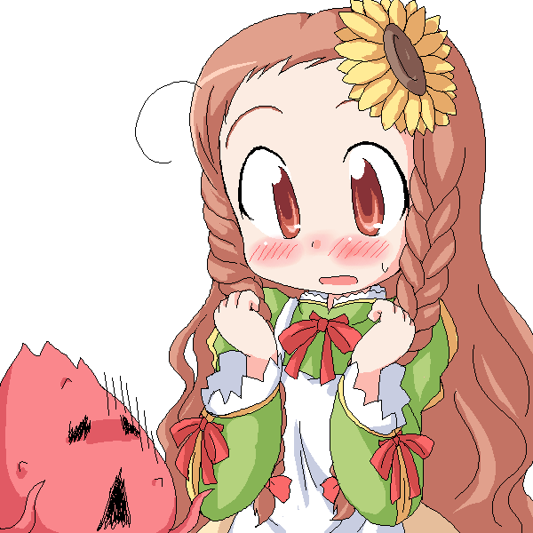 geetsu, abigail, abigail (sekaiju no meikyuu), atlus, etrian odyssey, 1girl, ahoge, blush, braid, brown eyes, brown hair, flower, hair flower, hair ornament, long hair, oekaki, simple background, twin braids