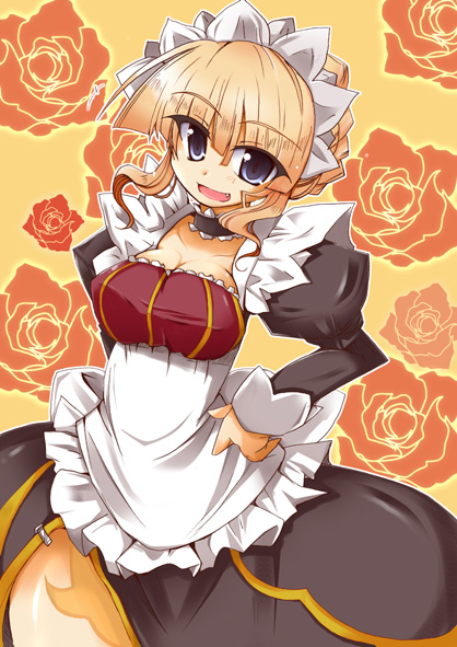 shirogane (platinum), beatrice (umineko), umineko no naku koro ni, 00s, blonde hair, blue eyes, breasts, choker, cleavage, floral background, large breasts, maid, rose background, solo