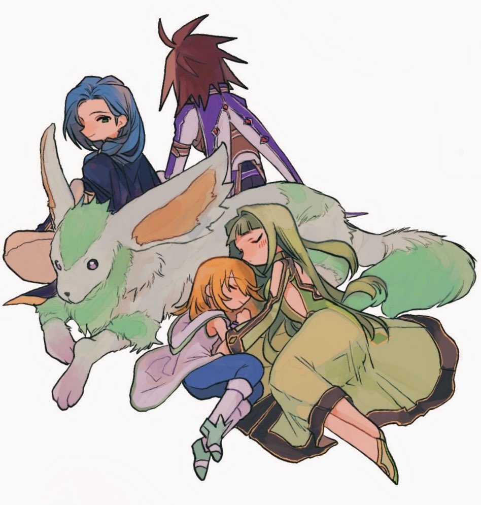 nancykittyu, kratos aurion, martel (tales), mithos yggdrasill, noishe, yuan (tales), tales of (series), tales of symphonia, armor, black trim, blonde hair, blue cloak, blue hair, blue leggings, blunt bangs, boots, breastplate, cape, cloak, closed eyes, dress, floating hair, green dress, green eyes, green hair, green shoes, green trim, hair intakes, hug, jacket, leggings, long animal ears, long hair, long sleeves, low ponytail, pants, parted hair, ponytail, purple cape, purple shirt, red hair, shirt, shoes, sitting, sleeping, white background, white boots, white jacket, white pants, white shirt, white trim