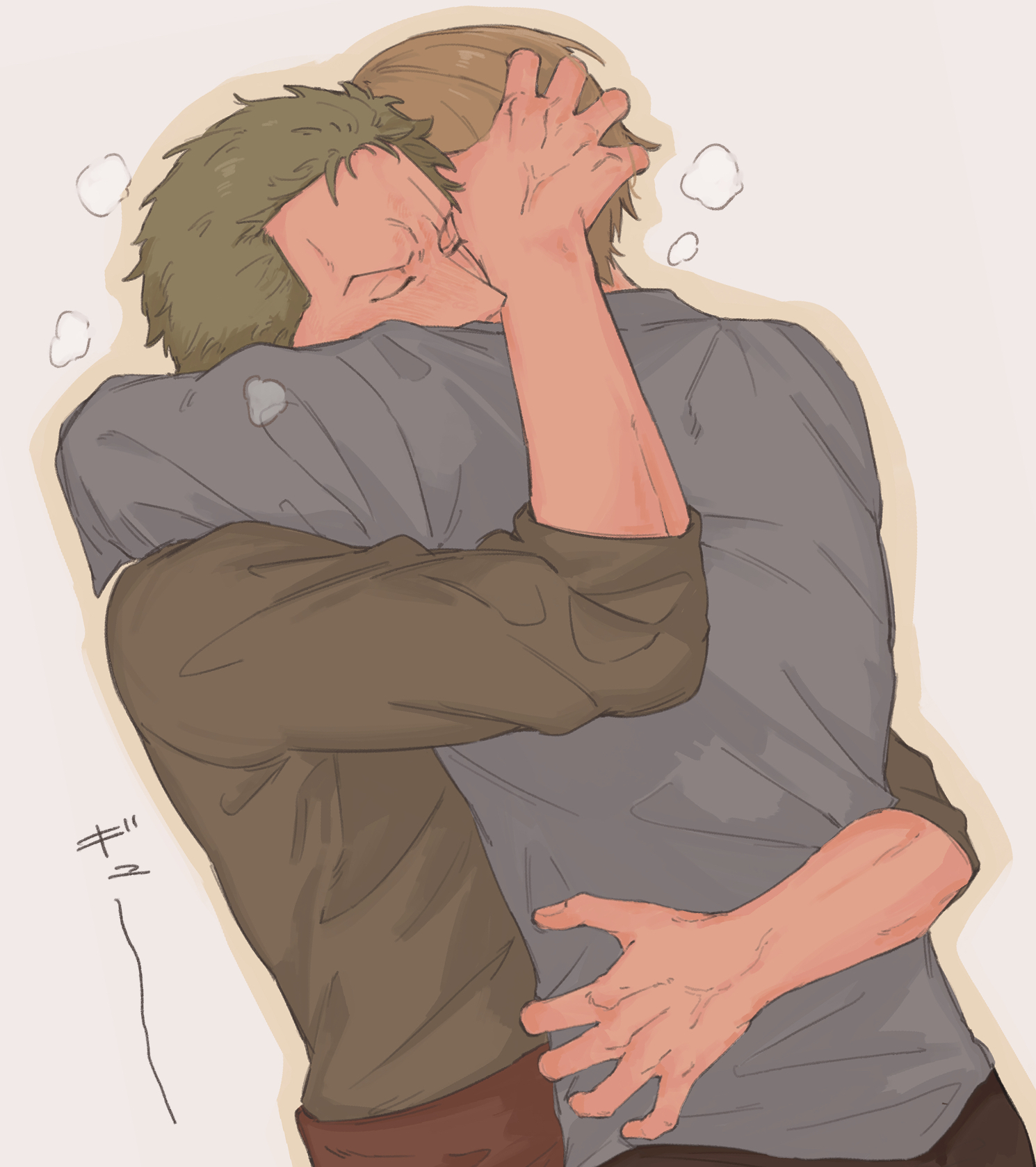 iqracha, roronoa zoro, sanji (one piece), one piece, highres, translation request, 2boys, blonde hair, blue shirt, blush, closed eyes, green hair, hand on another's waist, hug, male focus, multiple boys, scar, scar across eye, scar on face, shirt, short hair, white background, yaoi