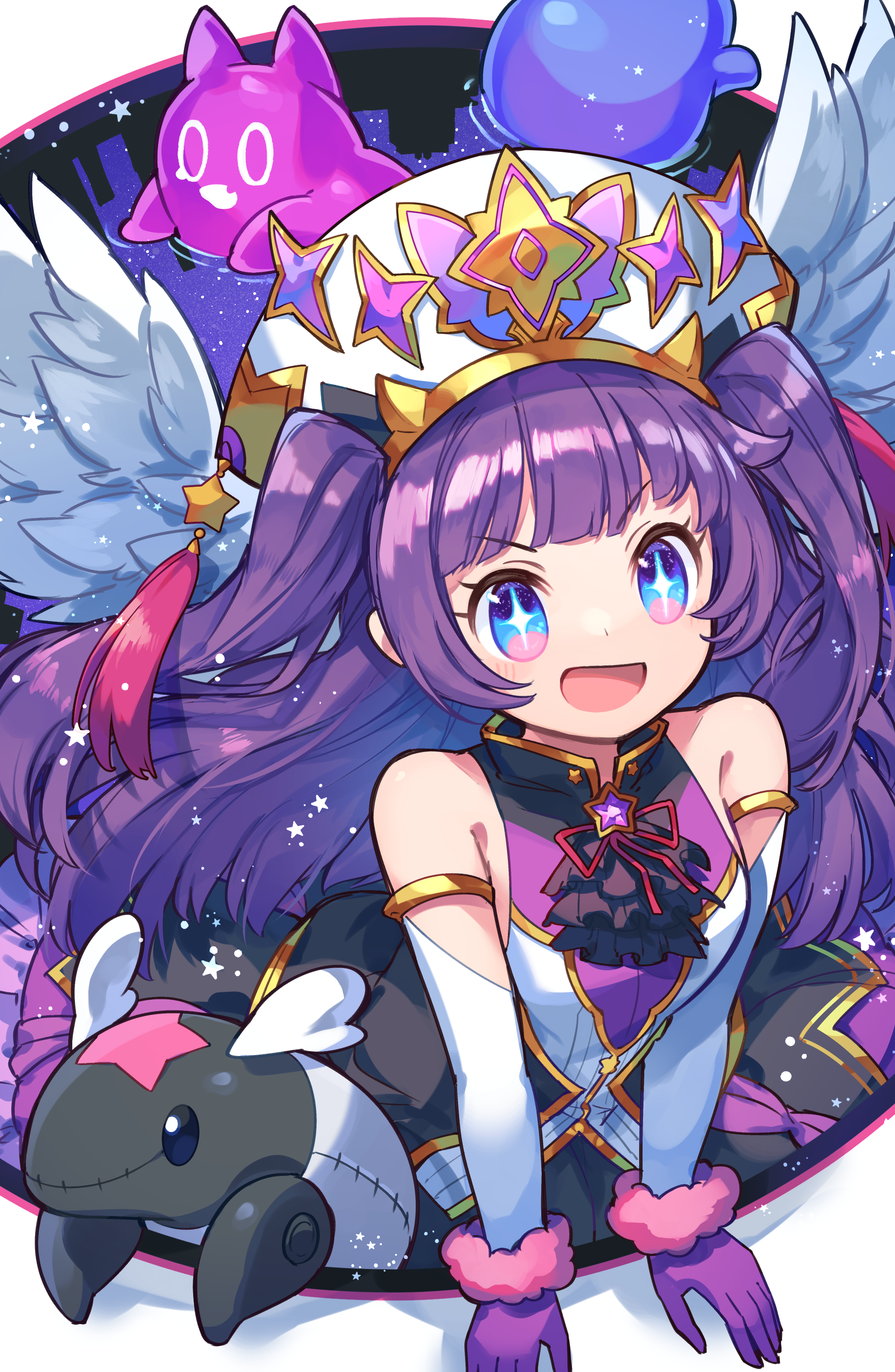 kuuron (moesann17), lumiel (p&d), puzzle & dragons, absurdres, highres, + +, 1girl, ascot, bare shoulders, blue eyes, blunt bangs, creature, detached sleeves, dress, feathered wings, gloves, hat, looking at viewer, open mouth, portal (object), purple hair, ripples, sleeveless, sleeveless dress, smile, solo, sparkling eyes, star (symbol), stuffed animal, stuffed toy, tapir, tassel, two side up, upper body, white wings, wings
