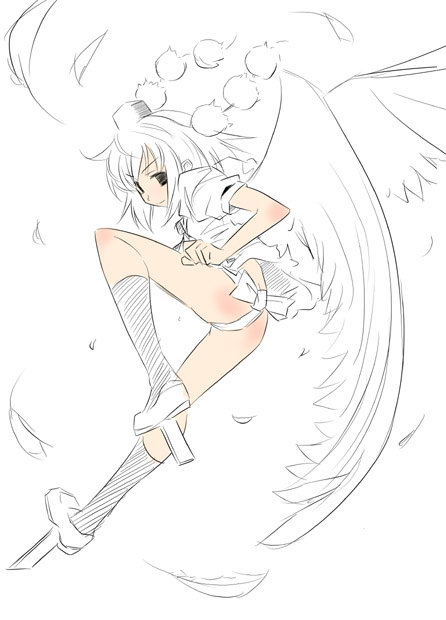 hermmy, shameimaru aya, touhou, 1girl, female focus, fundoshi, geta, hat, japanese clothes, monochrome, partially colored, solo, spot color, tengu-geta, tokin hat, wings