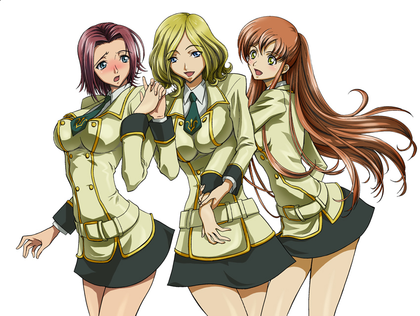morisu, kouzuki kallen, milly ashford, shirley fenette, code geass, 00s, 3girls, blonde hair, blue eyes, bow, bowtie, breasts, brown hair, green bow, green bowtie, green skirt, large breasts, long hair, multiple girls, red hair, school uniform, serafuku, short hair, simple background, skirt, white background, yellow eyes