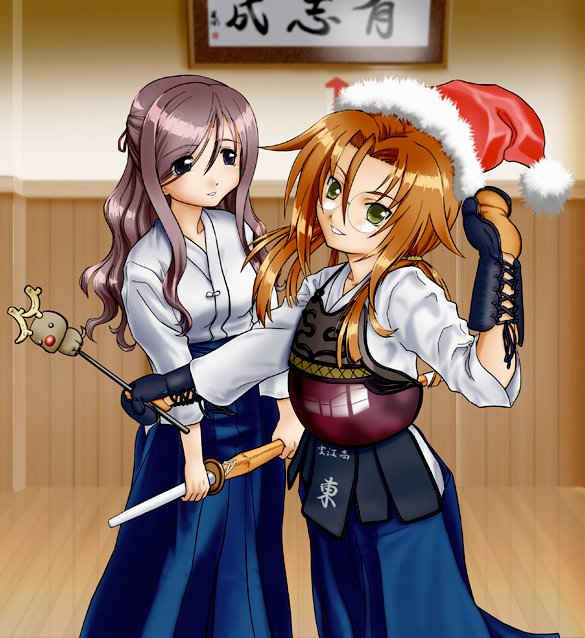 morisu, azuma satori, miyazaki miyako, bamboo blade, 00s, 2girls, christmas, glasses, half updo, hat, japanese clothes, multiple girls, santa hat