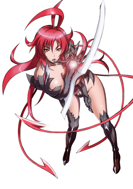 morisu, amaha masane, witchblade, blade, 00s, 1girl, arm blade, armor, between breasts, bikini armor, black sclera, breasts, brown eyes, colored sclera, female focus, long hair, red hair, solo, tongue, weapon