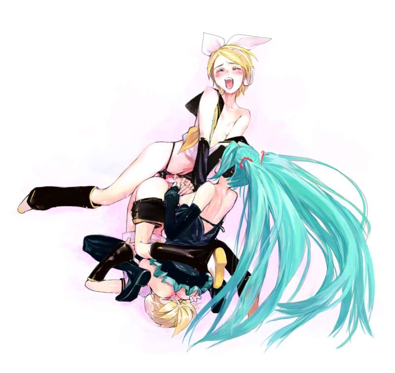 es (cah60700), hatsune miku, kagamine len, kagamine rin, vocaloid, 1boy, 2girls, anal, anal object insertion, ass, back, blonde hair, blue hair, breasts, brother and sister, clothed sex, detached sleeves, dildo, dress, femdom, ffm threesome, group sex, hetero, incest, long hair, multiple girls, nipples, object insertion, open mouth, orgy, pegging, penis, ribbon, sex, sex toy, short hair, siblings, simple background, sitting, sitting on face, sitting on person, small breasts, strap-on, teeth, threesome, twincest, twins, undressing, upper teeth only, white background