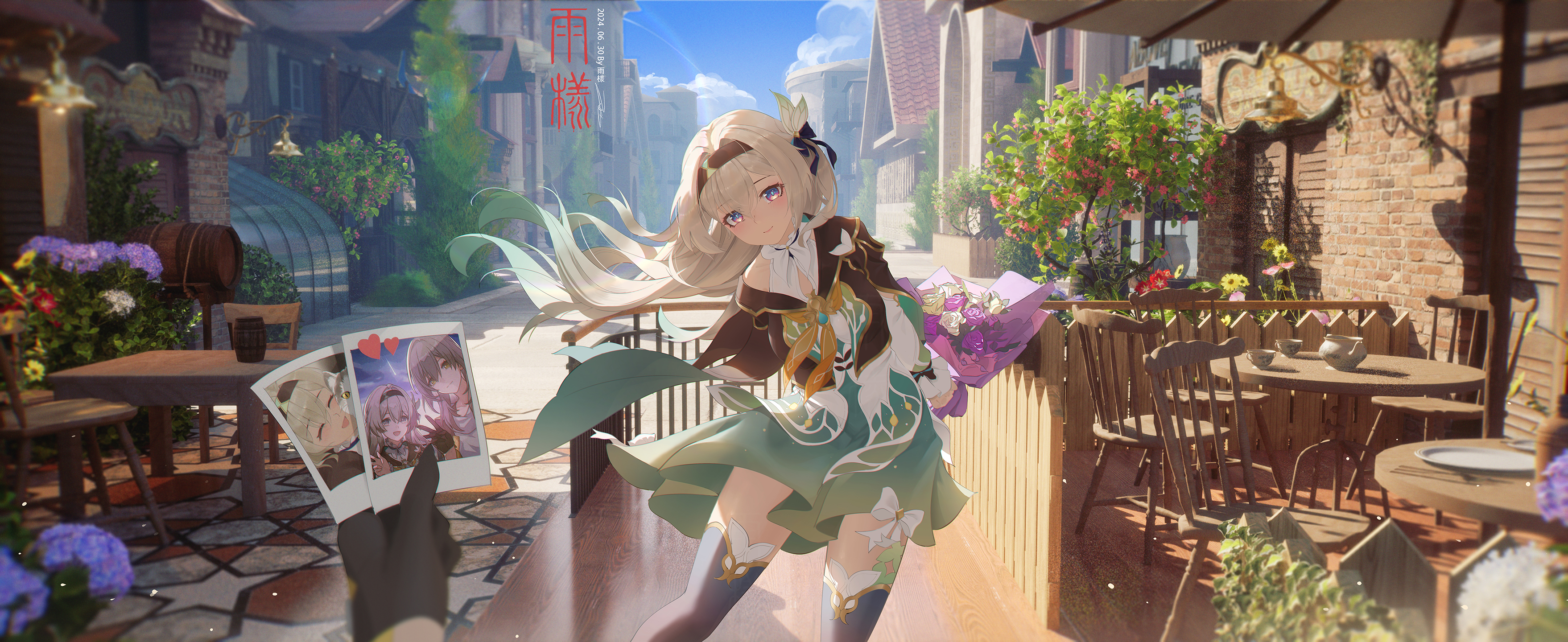 rain sama, firefly (honkai: star rail), stelle (honkai: star rail), trailblazer (honkai: star rail), honkai: star rail, honkai (series), absurdres, highres, 2024, 2girls, arms behind back, black bow, black gloves, black hairband, black jacket, blue eyes, blush, bouquet, bow, bowtie, chair, collar, cowboy shot, cropped jacket, dated, female pov, flower, frilled shirt collar, frills, gloves, gradient hair, green hair, green pupils, green skirt, green thighhighs, hair between eyes, hair bow, hairband, head tilt, holding, holding bouquet, jacket, looking at viewer, missing commentary, multicolored eyes, multicolored hair, multiple girls, official art inset, outdoors, pink eyes, pov, pov hands, shirt, skirt, smile, solo focus, table, thighhighs, white hair, white shirt, yellow bow, yellow bowtie