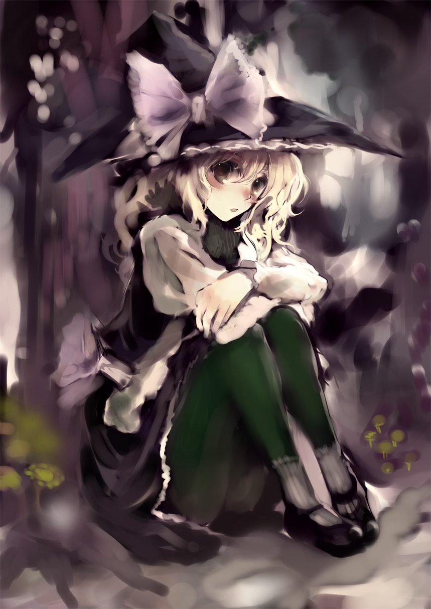 nokishita, kirisame marisa, touhou, highres, 1girl, female focus, full body, hat, nature, outdoors, pantyhose, plant, skirt, solo