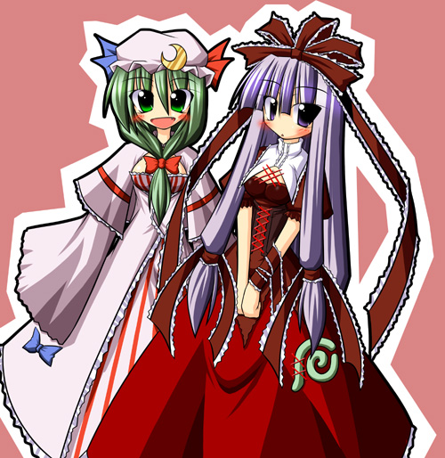 ichidai taisa, kagiyama hina, patchouli knowledge, touhou, 2girls, cosplay, costume switch, female focus, front ponytail, kagiyama hina (cosplay), multiple girls, patchouli knowledge (cosplay)