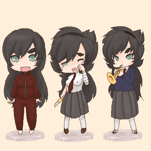 eyebrows, lowres, 1girl, alternate hairstyle, bandages, barefoot, black hair, black skirt, blazer, boxcutter, chibi, figure, green eyes, hand on own face, instrument, jacket, loafers, long hair, long skirt, necktie, oekaki, one eye closed, open mouth, pantyhose, school uniform, shoes, simple background, skirt, socks, spiked hair, tears, track suit, trumpet, uwabaki, white pantyhose, white socks, wink, zipper