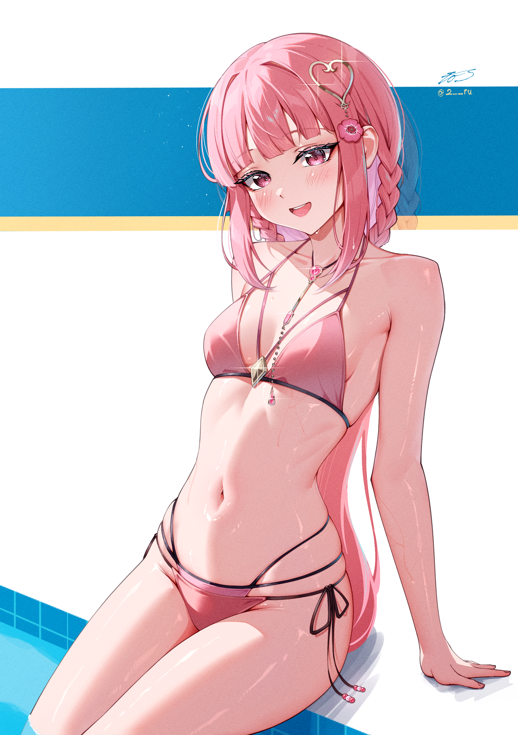 2 ru, tamaki iroha, magia record: mahou shoujo madoka magica gaiden, mahou shoujo madoka magica, absurdres, highres, 1girl, bikini, blunt bangs, braid, cowboy shot, leotard, long hair, multi-strapped bikini bottom, pink bikini, pink eyes, pink hair, poolside, side-tie leotard, side braid, sidelocks, sitting, smile, solo, swimsuit