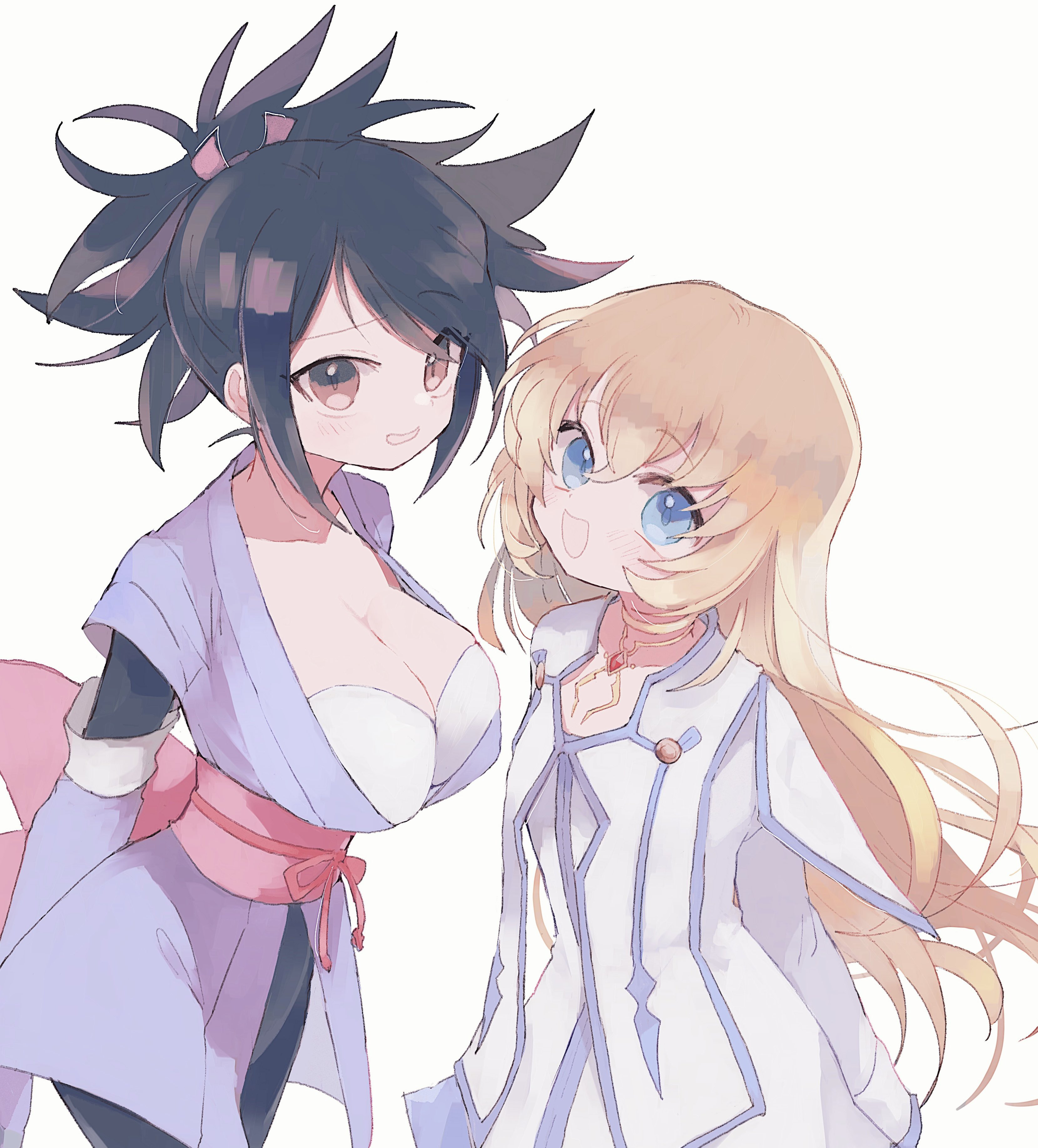 nancykittyu, colette brunel, fujibayashi sheena, tales of (series), tales of symphonia, absurdres, highres, back bow, black hair, black leggings, blonde hair, blue eyes, blue trim, bow, brown eyes, chest jewel, detached sleeves, dress, gold choker, hair ornament, high ponytail, jacket, japanese clothes, kimono, leggings, long hair, looking at viewer, motoyui, nervous smile, open mouth, pink bow, pink ribbon, pink sash, ponytail, purple kimono, purple sleeves, ribbon, sash, sidelocks, simple background, smile, spiked hair, white background, white dress, white jacket