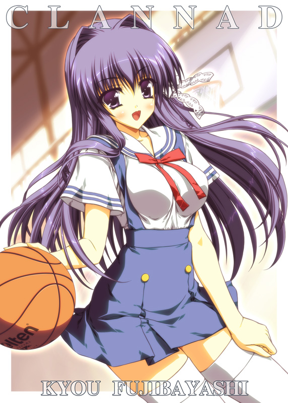 amakawa akito, asahimaru, fujibayashi kyou, clannad, 00s, 1girl, ball, basketball, basketball (object), blush, breasts, female focus, hair intakes, indoors, open mouth, purple eyes, purple hair, school uniform, serafuku, solo, thighhighs, zettai ryouiki