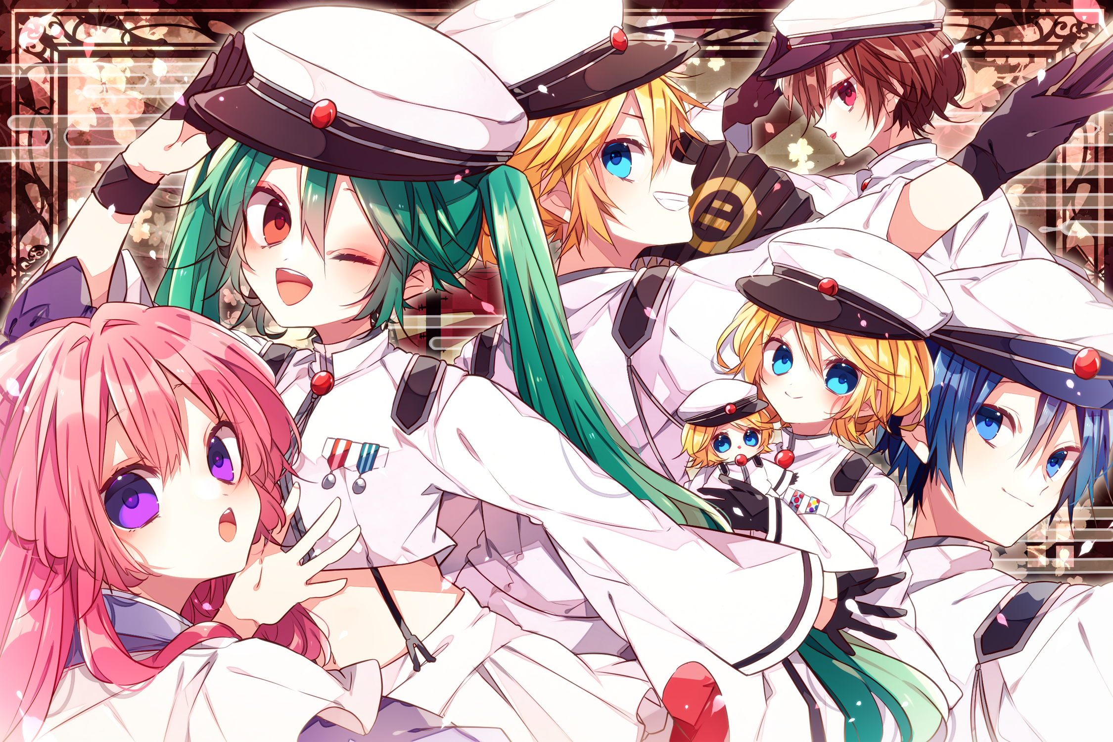 kaho 0102, hatsune miku, kagamine len, kagamine rin, kaito (vocaloid), megurine luka, meiko (vocaloid), vocaloid, commentary request, highres, 2boys, 4girls, :o, ;d, arm up, blonde hair, blue eyes, blue hair, brown background, brown gloves, brown hair, closed mouth, crop top, cropped shirt, double-parted bangs, gloves, green hair, grin, hair between eyes, half gloves, hat, long hair, long sleeves, looking at viewer, multiple boys, multiple girls, one eye closed, open mouth, pink hair, pink lips, purple eyes, red eyes, shirt, short hair, smile, twintails, v-shaped eyebrows, white hat, white shirt