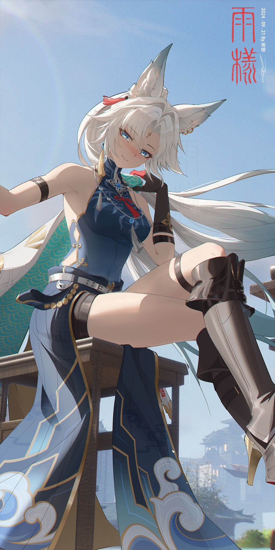 rain sama, feixiao (honkai: star rail), honkai: star rail, honkai (series), highres, 1girl, animal ear fluff, animal ears, bare shoulders, belt, black boots, black gloves, black shorts, blue eyes, blue shirt, blue sky, blush, boots, breasts, chinese text, chromatic aberration, clothes around waist, coat, crossed legs, dated, day, drunk, eyeliner, forehead jewel, fox ears, fox girl, gloves, holding, holding coat, holding unworn clothes, knee boots, linea alba, logo, looking at viewer, makeup, medium breasts, missing commentary, outdoors, parted bangs, red eyeliner, shirt, shorts, sidelocks, sitting, sky, smile, solo, thighs, unworn coat, white belt, white coat, white hair
