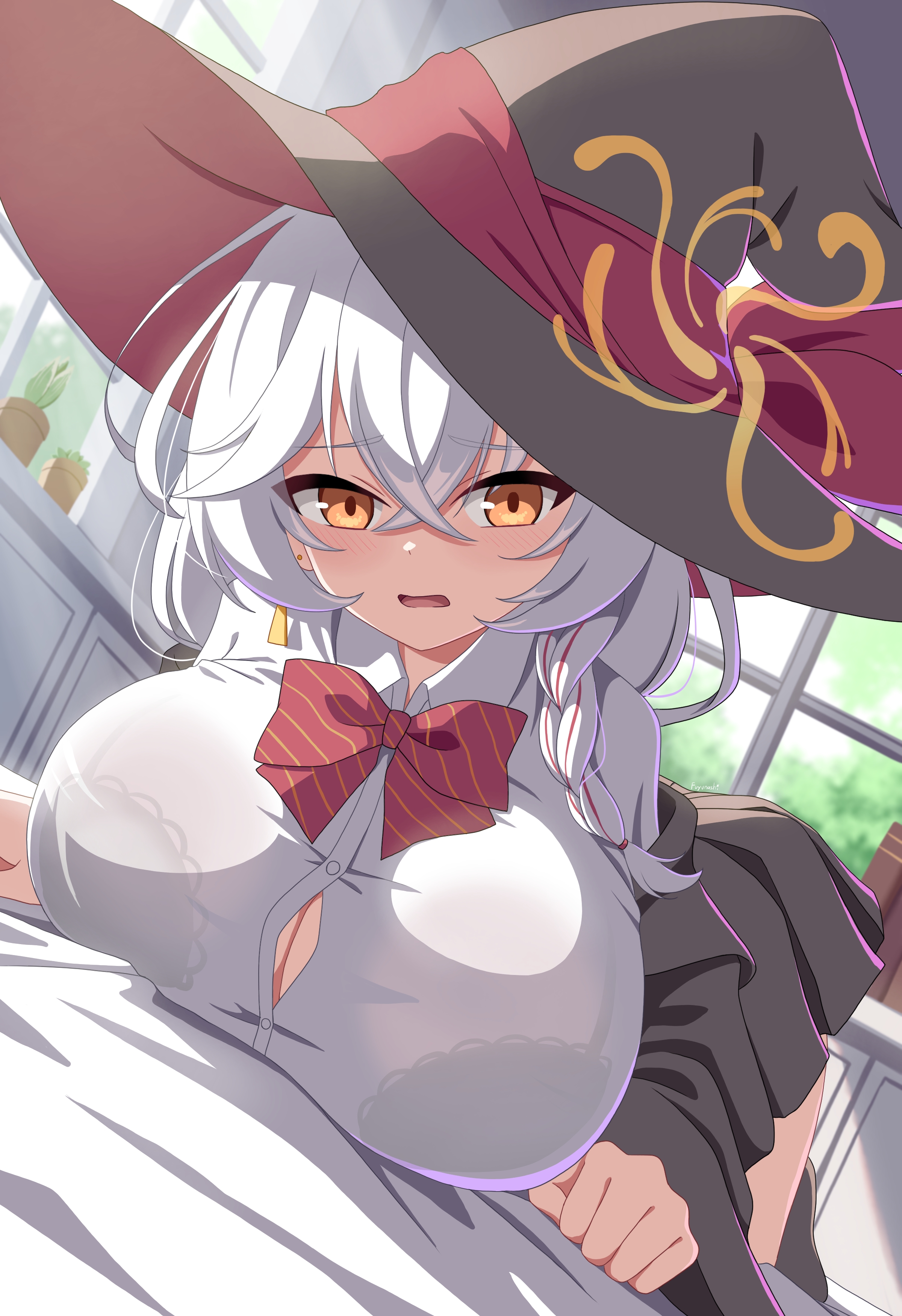 fuyunash1, eri (blue archive), blue archive, absurdres, commentary request, highres, revision, 1girl, bed, bed sheet, black hat, black jacket, black skirt, blush, book, bow, bowtie, bra visible through clothes, braid, breasts, button gap, buttons, cleavage, collared shirt, crossed bangs, day, dutch angle, earrings, hair between eyes, halo, hat, hat ribbon, indoors, jacket, jewelry, large breasts, long hair, looking at viewer, lying, multicolored hair, off shoulder, on bed, on stomach, open mouth, orange eyes, plant, pleated skirt, potted plant, red bow, red ribbon, red streaks, ribbon, see-through clothes, shirt, side halo, single braid, single earring, skirt, solo, streaked hair, triangle earrings, two-sided fabric, two-sided headwear, white hair, white shirt, window, witch hat, yellow halo