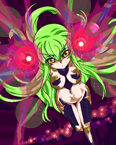 c.c., code geass, lowres, 00s, bodypaint, green hair, oekaki, solo