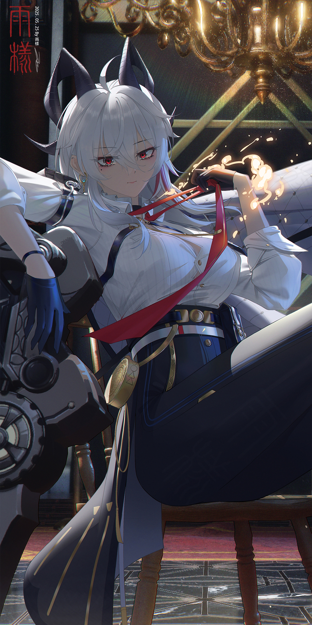 rain sama, zani (wuthering waves), wuthering waves, highres, 1girl, adjusting clothes, adjusting necktie, ahoge, black choker, black gloves, black horns, black pants, black shoes, breasts, button gap, chest harness, choker, closed mouth, collared shirt, crossed legs, curled horns, gloves, grey hair, hair between eyes, harness, high-waist pants, high heels, horns, indoors, large breasts, long hair, looking at viewer, missing commentary, multicolored hair, necktie, pants, red eyes, red necktie, shield, shirt, shirt tucked in, shoes, solo, streaked hair, tight clothes, tight pants, white shirt
