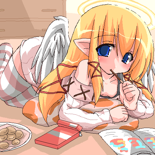 kanidiru, kanijiru, lowres, 1girl, angel, blonde hair, female focus, food, food in mouth, halo, oekaki, pocky, pocky in mouth, solo, striped clothes, striped thighhighs, thighhighs, wings