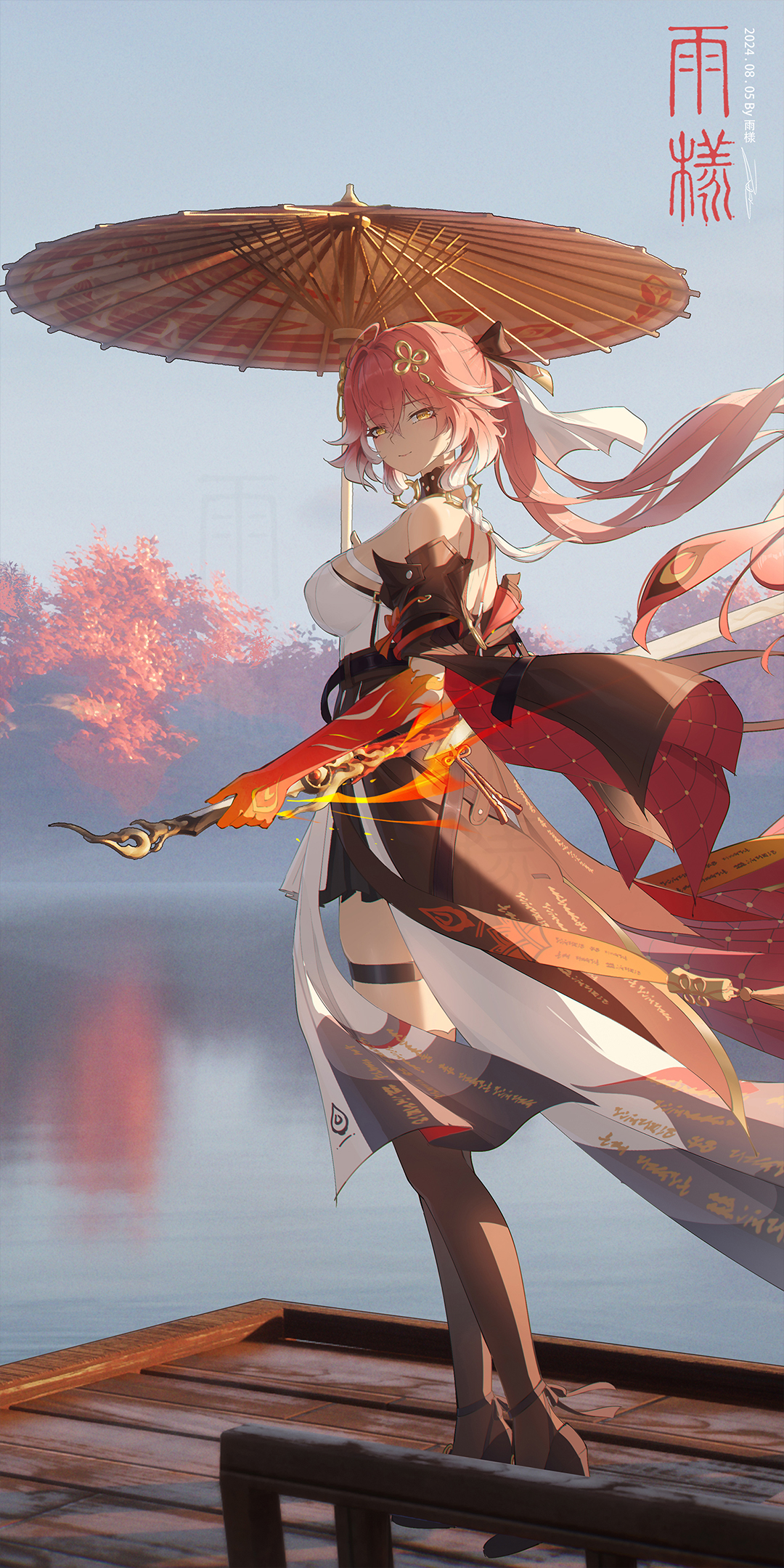 rain sama, changli (wuthering waves), wuthering waves, highres, 1girl, back peek, bare shoulders, black bow, black jacket, black shoes, black sleeves, black thighhighs, bow, braid, breasts, closed mouth, colored extremities, dated, detached sleeves, dress, feather hair, from side, full body, hair between eyes, hair bow, hair extensions, hair ornament, high heels, holding, holding sword, holding umbrella, holding weapon, jacket, large breasts, logo, long hair, looking at viewer, missing commentary, multicolored hair, oil-paper umbrella, outdoors, pink hair, ponytail, red hands, reflection, reflective water, ring hair extensions, shoes, sidelocks, smile, solo, standing, sword, thigh strap, thighhighs, two-tone hair, umbrella, very long hair, weapon, white bow, white dress, white hair, yellow eyes