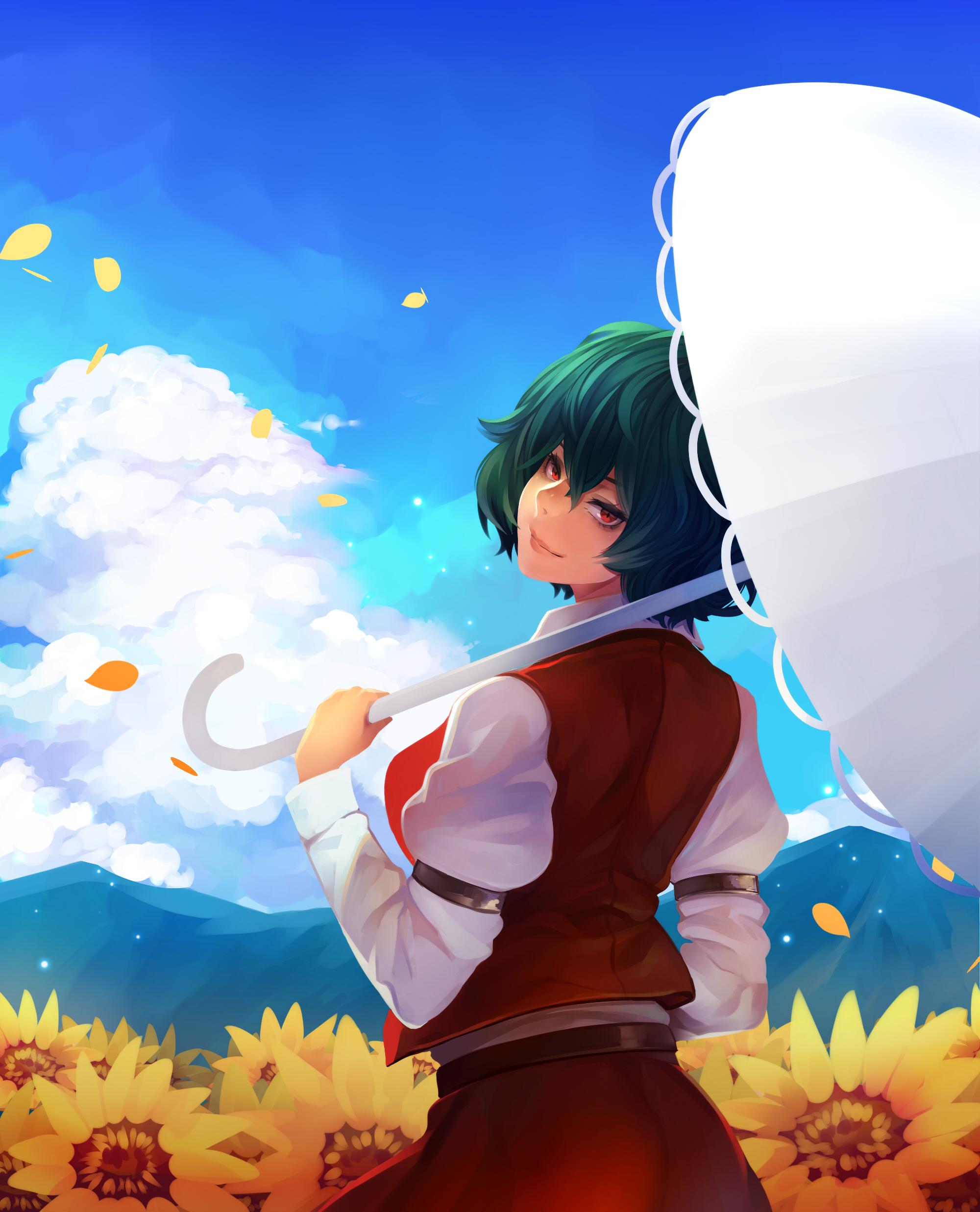 yuuten, kazami yuuka, touhou, absurdres, highres, 1girl, cloud, cumulonimbus cloud, field, flower, flower field, green hair, head tilt, long sleeves, outdoors, red eyes, red skirt, short hair, skirt, smile, solo, summer, sunflower, sunflower field, sunflower petals, umbrella, vest