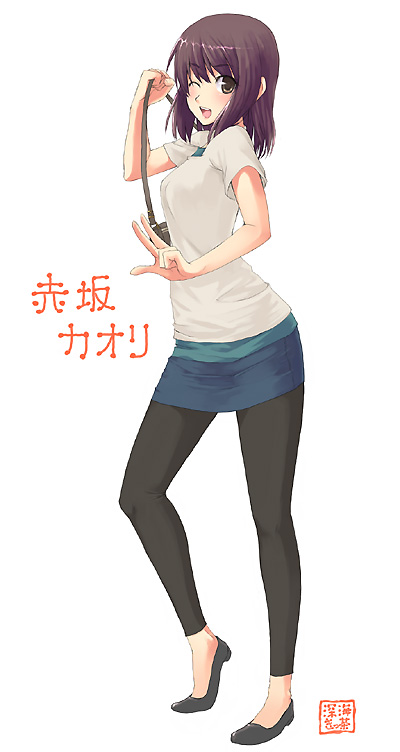unasaka ryou, 1girl, bag, female focus, flats, handbag, leggings, legs, one eye closed, pencil skirt, purple hair, short hair, skirt, solo, wink