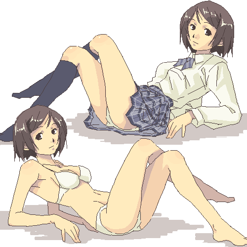 lowres, 2girls, bra, lingerie, multiple girls, oekaki, panties, school uniform, serafuku, underwear, underwear only