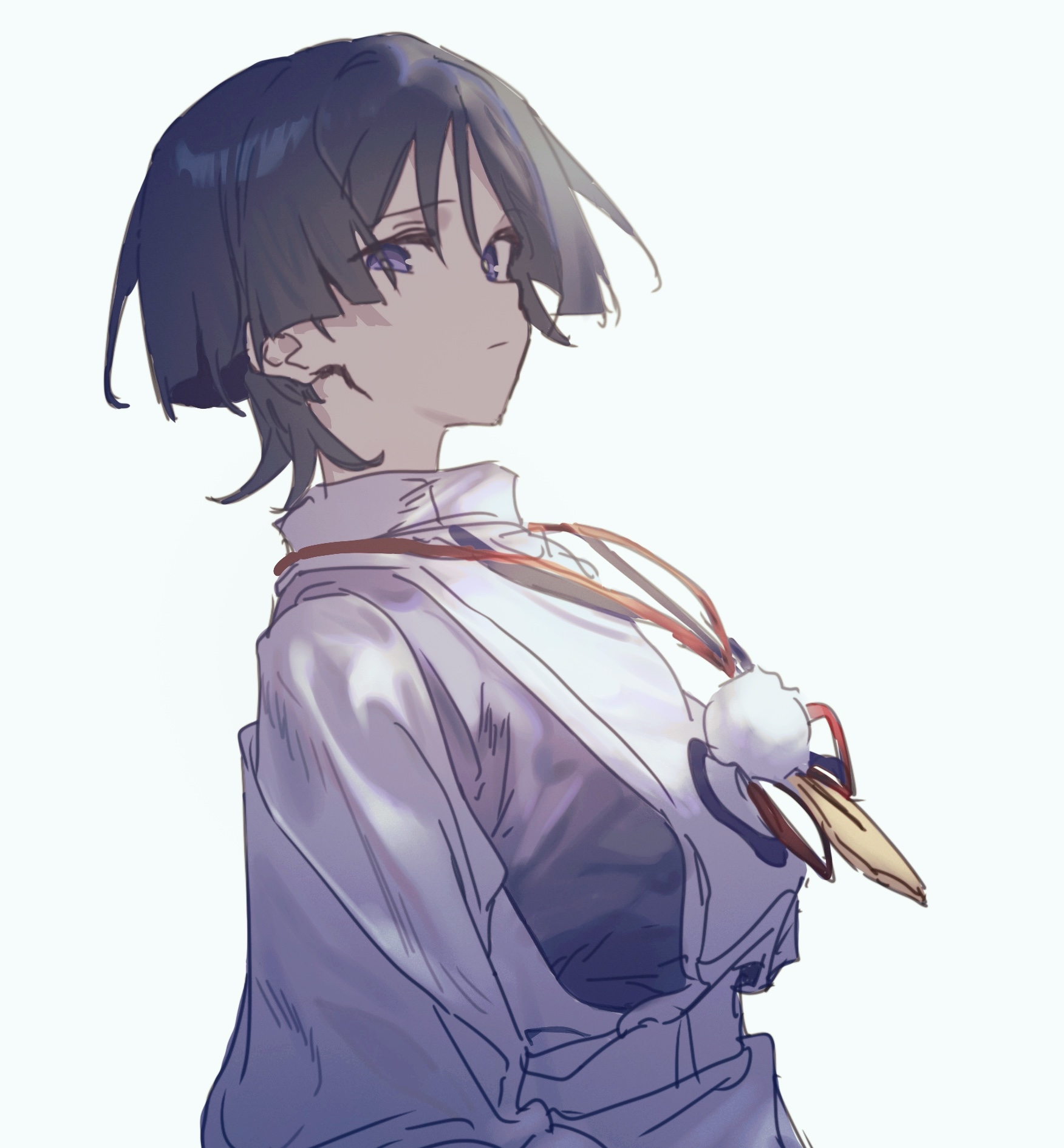 mengaijiang924, scaramouche (genshin impact), scaramouche (kabukimono) (genshin impact), genshin impact, highres, 1boy, arm at side, blunt ends, closed mouth, clothing cutout, expressionless, feathers, from side, japanese clothes, kariginu, kimono, long sleeves, looking at viewer, male focus, pom pom (clothes), purple eyes, purple kimono, side cutout, solo, string, uneven eyes, upper body, white background, white sleeves, wispy bangs, yellow feathers