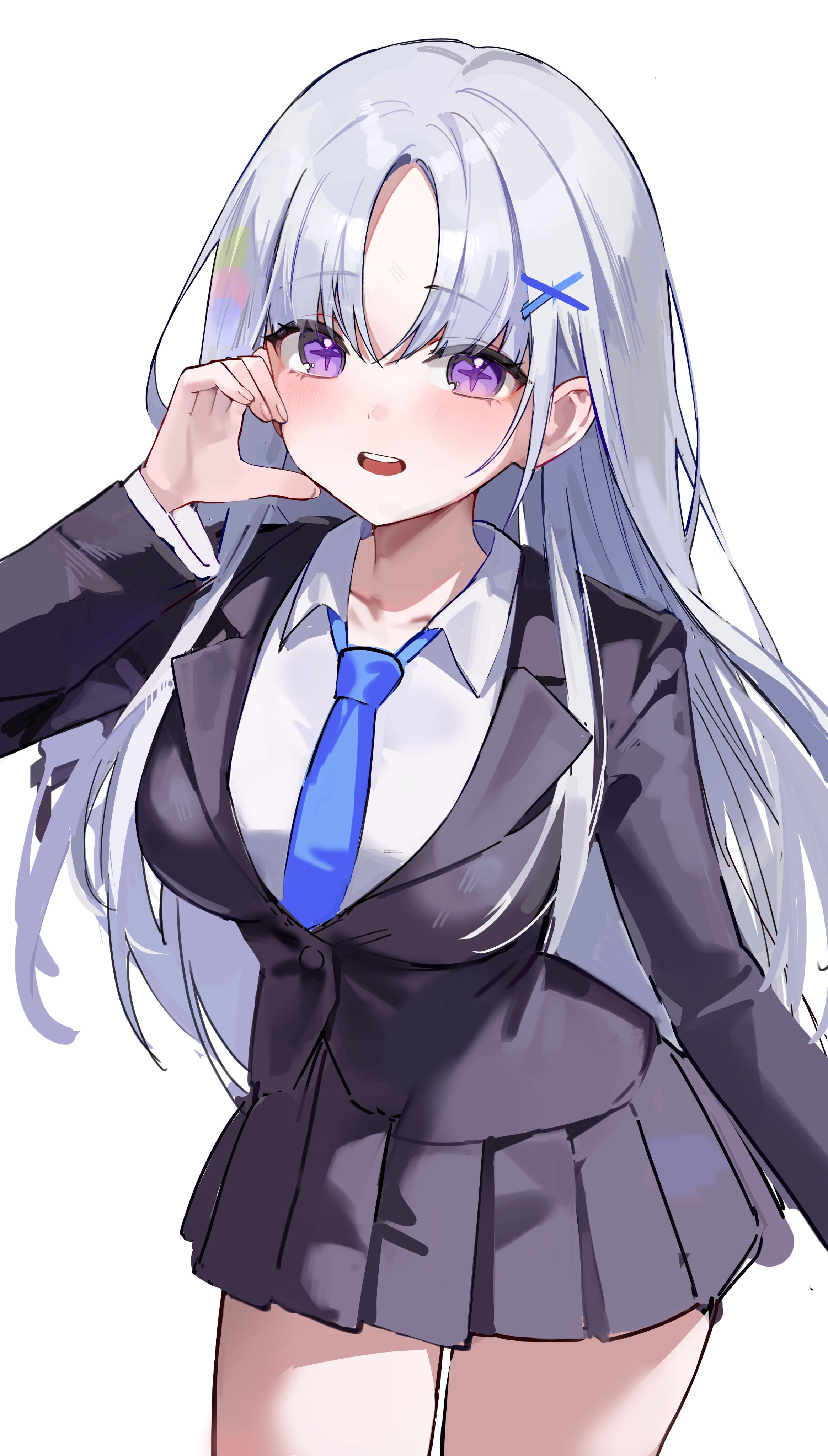 ayatsuno yuni, stellive, absurdres, commentary request, highres, korean commentary, 1girl, arm at side, black jacket, black skirt, blue necktie, blush, breasts, collarbone, collared shirt, cowboy shot, curtained hair, forehead, formal clothes, grey hair, hair ornament, half-heart hands, hand up, jacket, large breasts, long hair, looking at viewer, necktie, open mouth, pleated skirt, purple eyes, shirt, simple background, skirt, solo, standing, star-shaped pupils, star (symbol), suit, suit jacket, symbol-shaped pupils, virtual youtuber, white background, white shirt, wing collar, x hair ornament, yuui (yuummnoa)