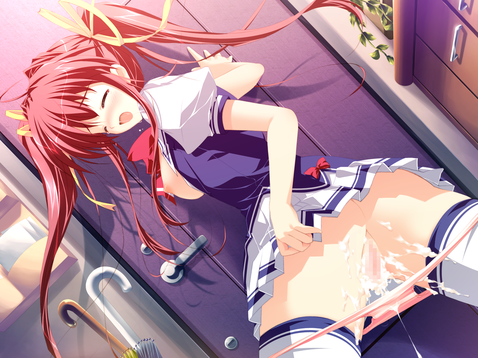 asakura nanao, lyrical lyric, game cg, highres, 1girl, aftersex, breasts, censored, closed eyes, clothes lift, cum, cum in pussy, door, female focus, hair ribbon, large breasts, long hair, mosaic censoring, panties, panty pull, pink hair, pink panties, pussy, ribbon, school uniform, skirt, skirt lift, solo, thighhighs, twintails, umbrella, underwear