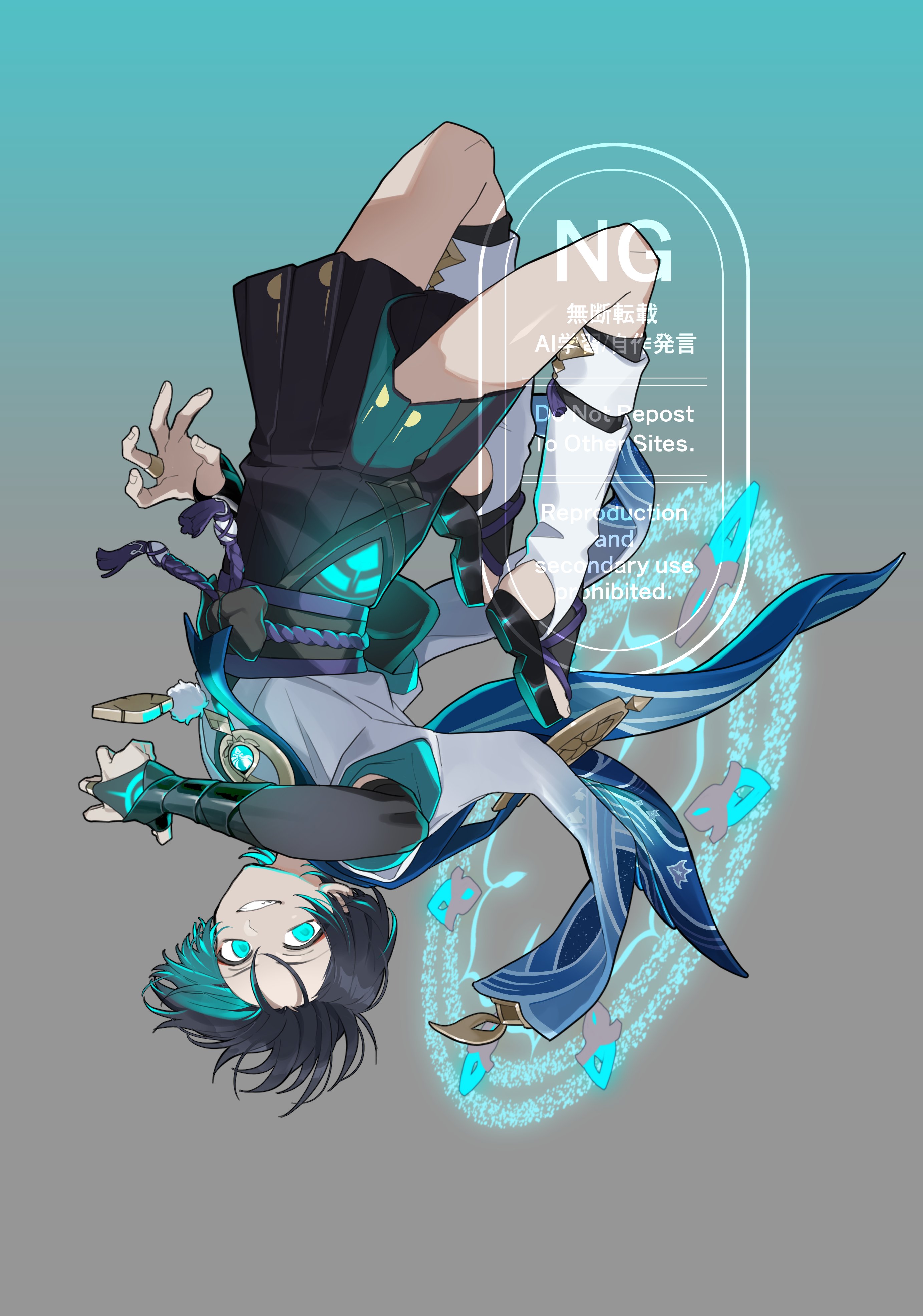 nenemm, scaramouche (genshin impact), wanderer (genshin impact), genshin impact, absurdres, highres, 1boy, anemo symbol (genshin impact), animal print, armor, belt, bird print, black belt, black bow, black bridal gauntlets, black hair, black sandals, black shorts, blue background, blue cape, blue gemstone, blue halo, blue sleeves, blunt ends, bow, bridal gauntlets, bridal legwear, brown background, cape, clothing cutout, curled fingers, eyeliner, eyeshadow, feathers, fingernails, furisode, gem, glowing, glowing eyes, glowing gem, glowing markings, gold, gold ring, gradient background, grin, hair between eyes, hakama, hakama shorts, halo, halo behind head, hip vent, japanese armor, japanese clothes, kimono, kote, kurokote, layered sleeves, leg warmers, looking at viewer, magic circle, makeup, male focus, middle ring, pleated shorts, pom pom (clothes), purple rope, purple sash, red eyeliner, red eyeshadow, rope, sandals, sash, short sleeves, shorts, smile, solo, stirrup legwear, tassel, teeth, toeless legwear, toes, upside-down, watermark, white kimono, white leg warmers, white sleeves, white trim, yellow feathers, zouri