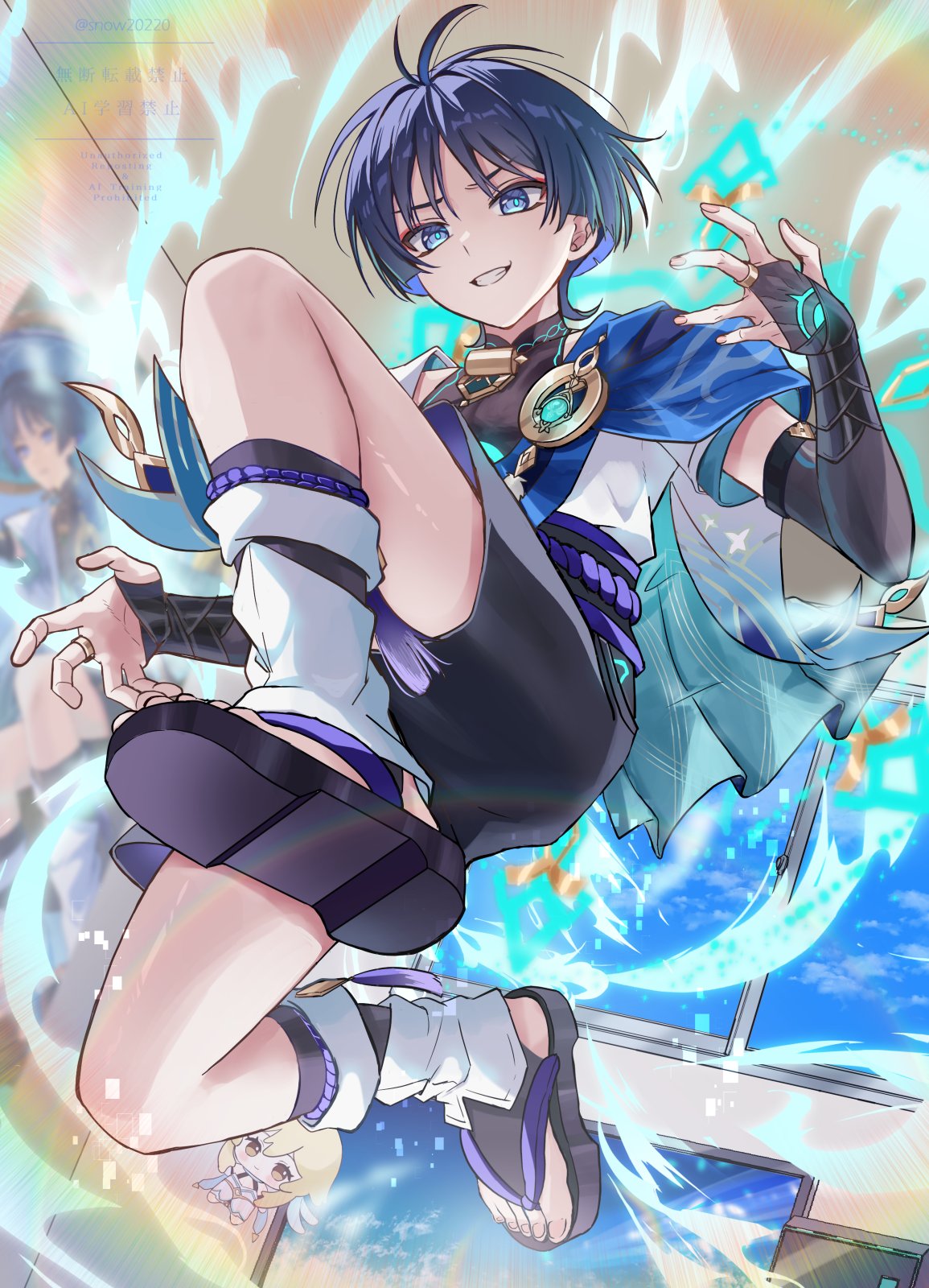 cpu, snow20200, lumine (genshin impact), scaramouche (genshin impact), wanderer (genshin impact), genshin impact, highres, 1boy, anemo symbol (genshin impact), animal print, armor, belt, bird print, black belt, black bodysuit, black bridal gauntlets, black hair, black sandals, black shorts, blue cape, blue gemstone, blue halo, blue pupils, blue sleeves, blunt ends, bodysuit, bridal gauntlets, bridal legwear, cape, character doll, clothing cutout, colored inner hair, covered collarbone, curled fingers, doll, eyeliner, eyeshadow, furisode, gem, glitch, gold ring, grin, halo, halo behind head, hands up, hip vent, indoors, japanese armor, japanese clothes, kimono, knee up, kote, kurokote, layered sleeves, leg warmers, looking at viewer, magic circle, makeup, male focus, mandarin collar, middle ring, monitor, multicolored hair, open clothes, open hands, open kimono, pom pom (clothes), poster (object), purple eyes, purple rope, purple sash, red eyeliner, red eyeshadow, rope, sandals, sash, short sleeves, shorts, shoulder peek, smile, solo, stirrup legwear, teeth, toeless legwear, toenails, toes, tsurime, twitter username, watermark, white kimono, white leg warmers, white sleeves, white trim, wind, window, wispy bangs, zouri
